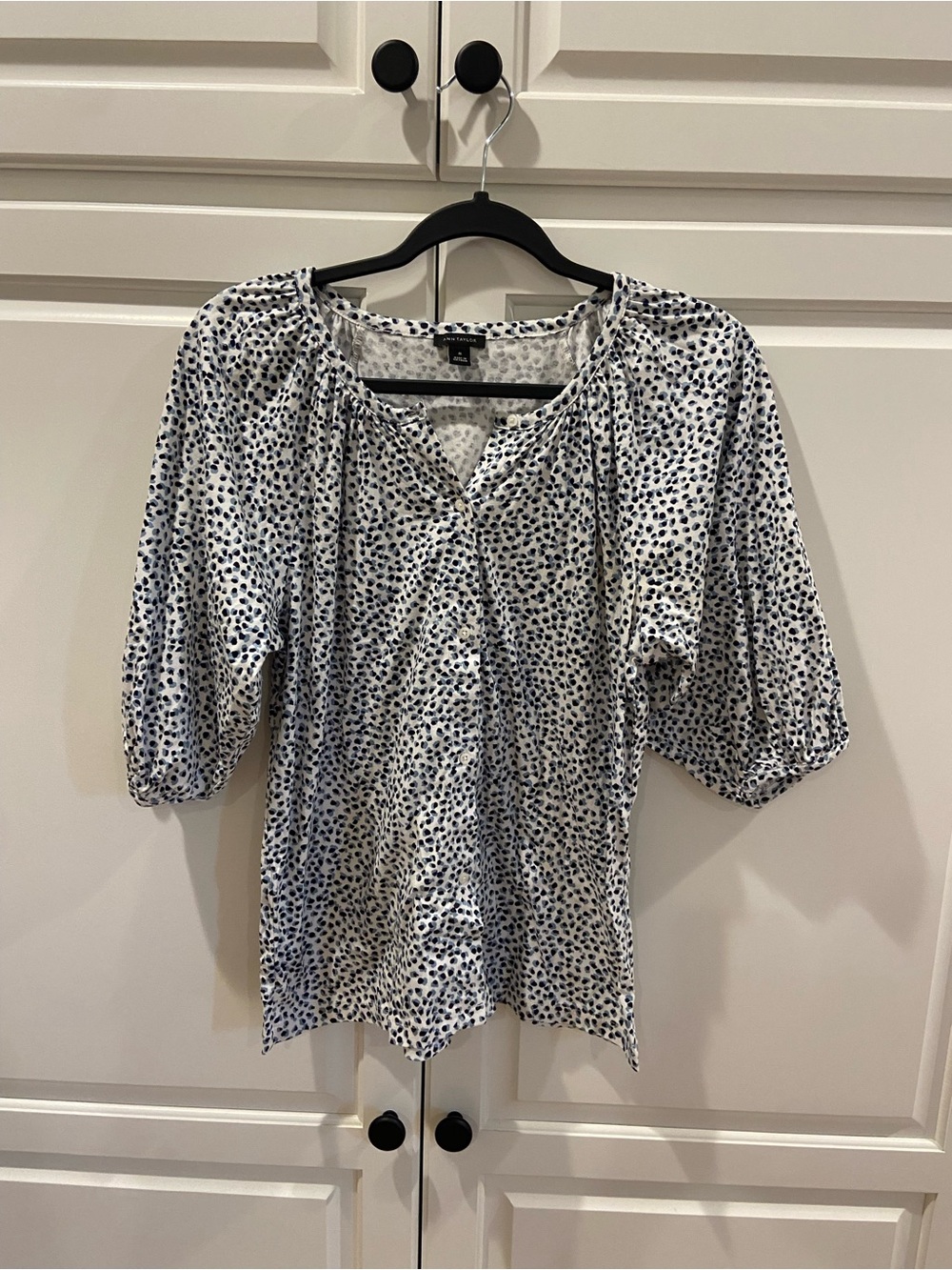 LOFT White Blouse with Navy Dot Print